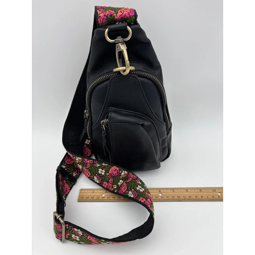 ANTIK KRAFT Black Vegan Leather Crossbody Sling Bag Floral Strap Embroidered